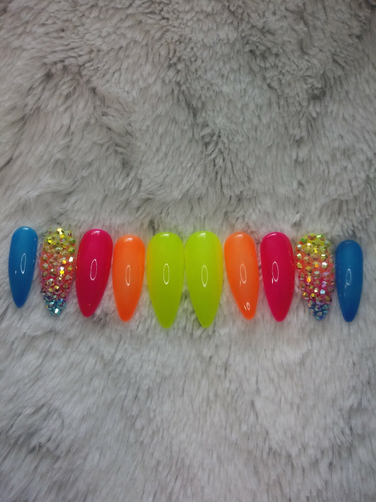 Neon Rainbow ombre bling nails w/ crystals Gel Press On jelly nails full set