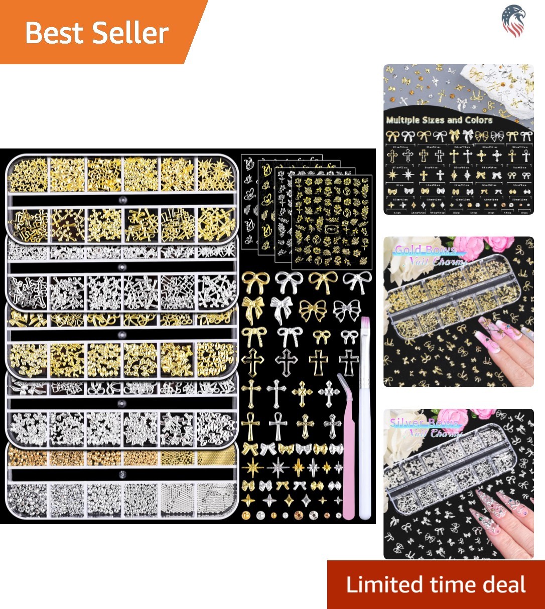 Compatibility Nail Art Charms Kit 5 Boxes Gold Silver Metal 3D Studs Stickers…