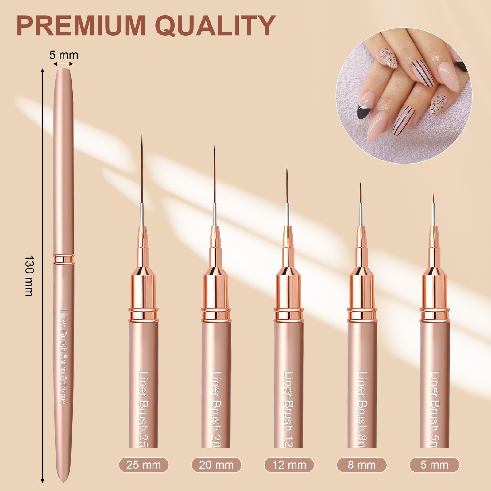 Artdone Metallic Nail Art Pens, Liner Brushes Set, 5PCS Copper Color