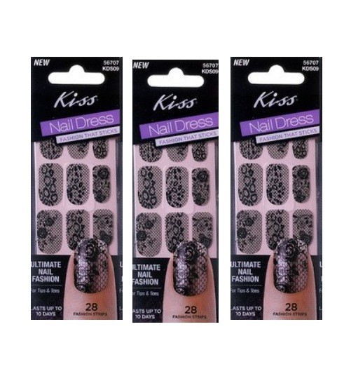 (Pack 3) Kiss Nail Dress Art Black Lace Floral Leopard Spots Manicure Strips
