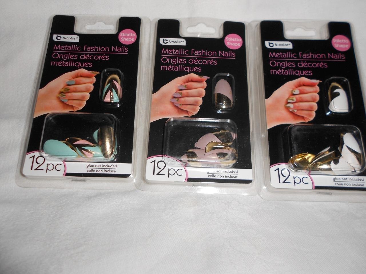 Lot 3 B-Color Metallic Fashion Nails Set Gold Plus 12 each pack Glue on New