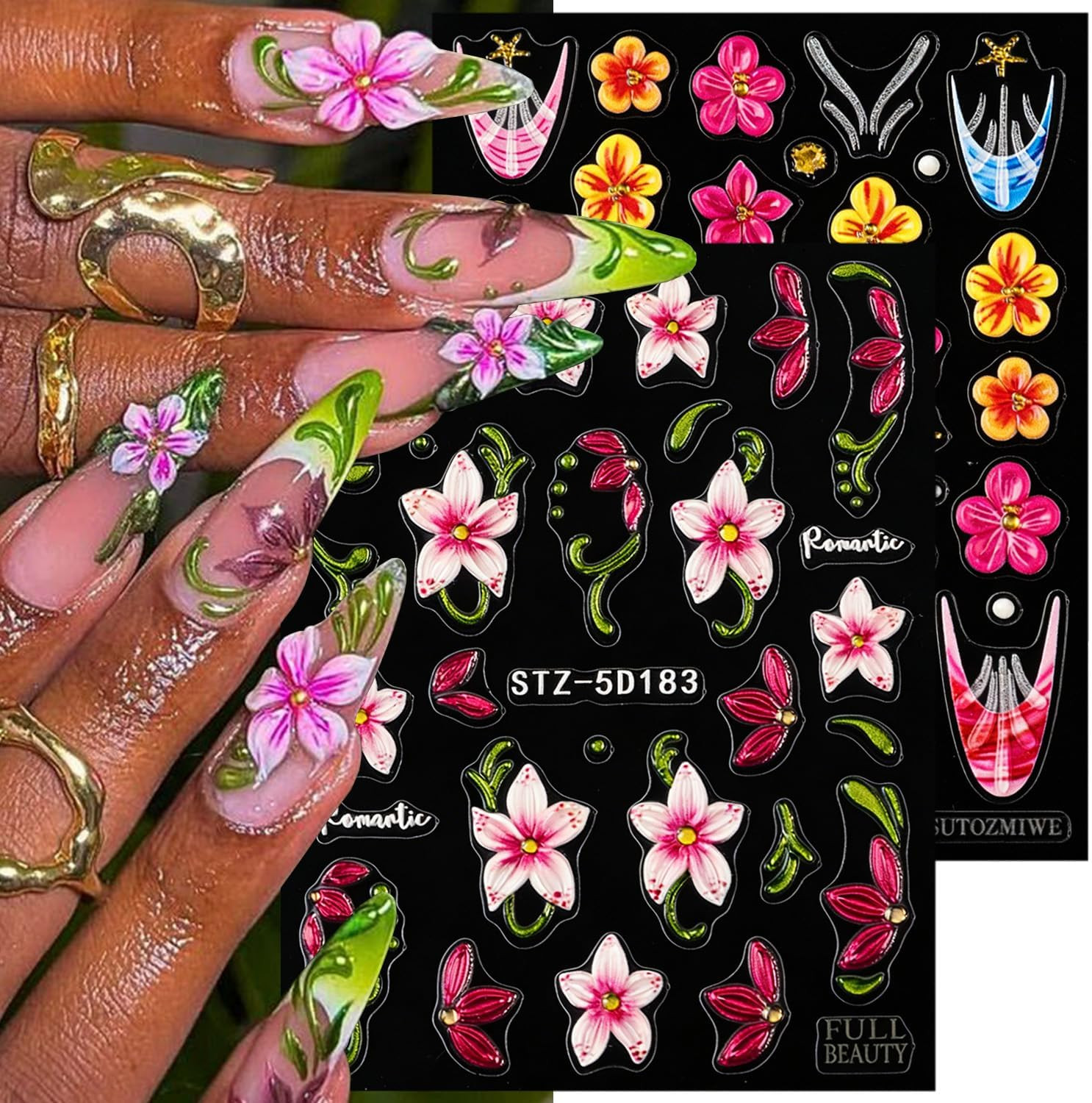 2 Sheets Spring Flower Nail Stickers for Nail Art 5D Self-Adhesive Embossed Fren