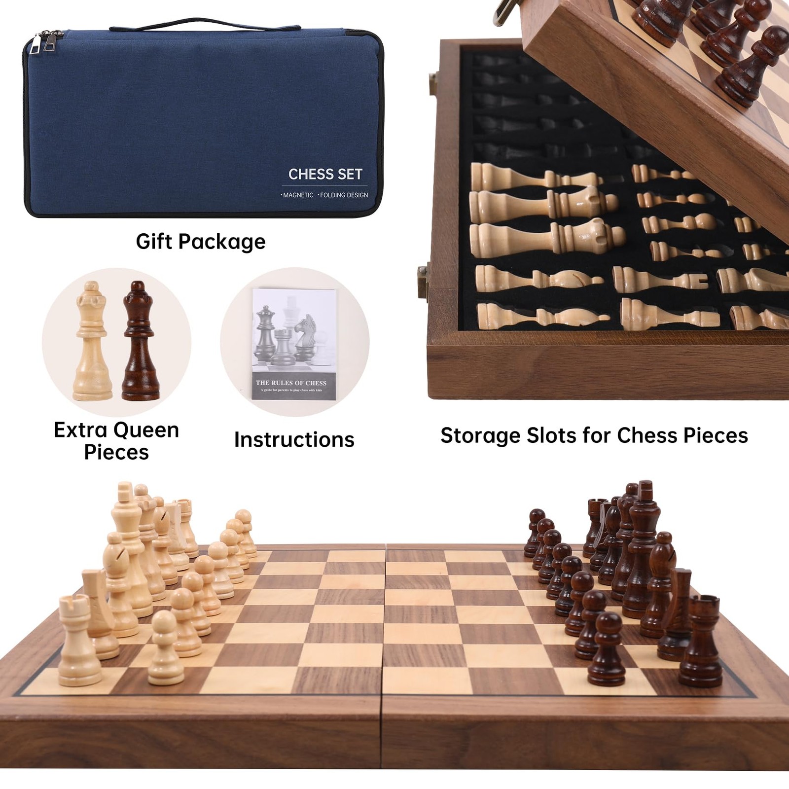 Ajedrez Magnetic Wooden Chess Set, 15″ Walnut Folding 15 inches, Blue