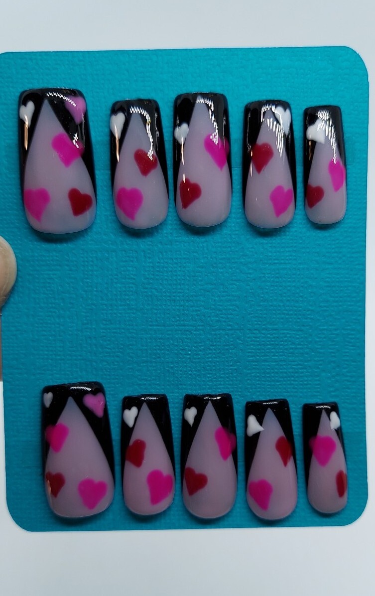 Black French Red Pink White Heart Press on Nails, V-Cut Nails, Nude Base French