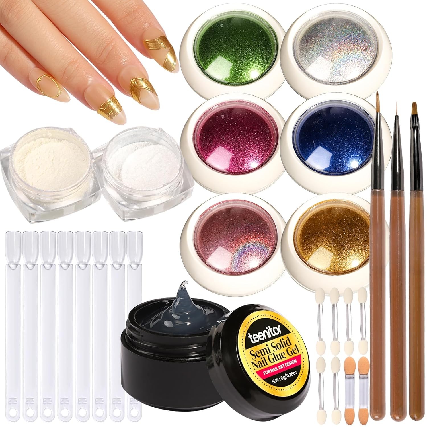 Chrome Nail Powder with 3D Gel, Gold and White Pearl Finish – Nail Art Tools and