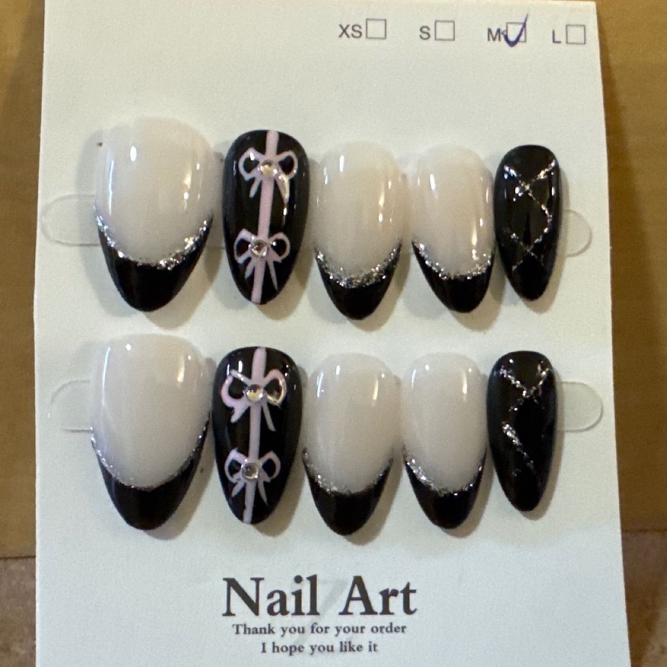 Black and White French Tip Press On Nails with Pink Bows and Rhinestones Size M