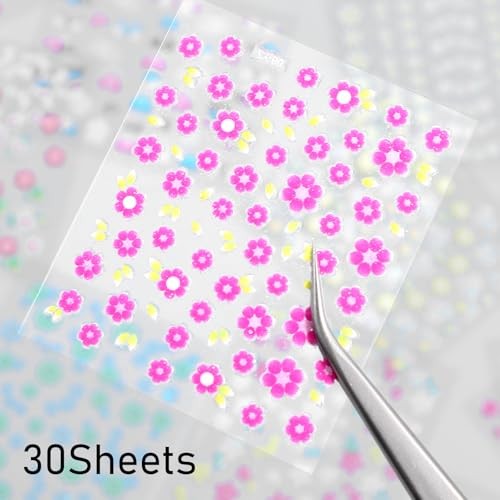 Flower Nail Stickers, 30 Sheets Colorful Daisy Cherry Blossoms Rose 3D Flower