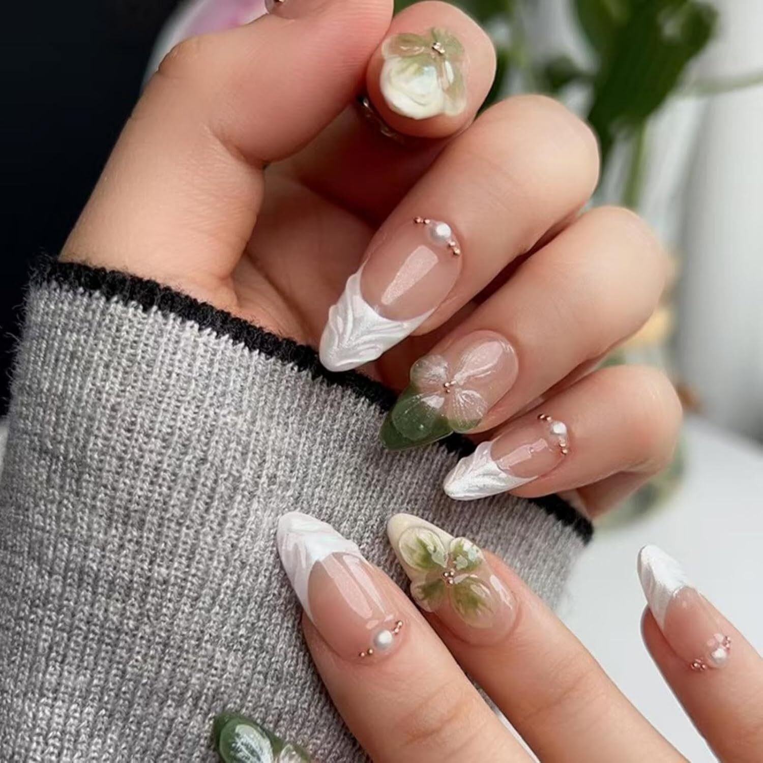 White French Tip Press On Nails Medium Almond 5D Flower Pearl Fake Nail Set