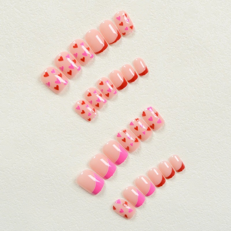 48PCS Cute Pink Gradient Red Heart Nail Removable Reusable Fake Nail Art
