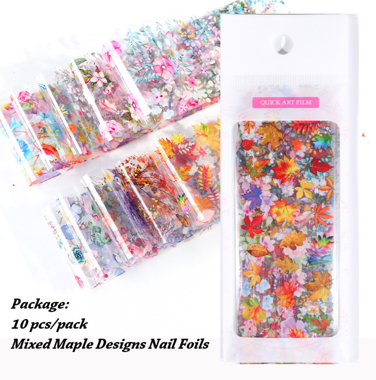 10pcs Maple Leaf Flower Nail Art Film Foil Transfer Decals Manicure DIY 19132