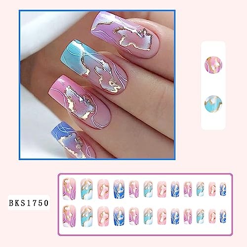 Colorful Press on Nails Square Medium Length 24Pcs Full Colorful With Gold Foil