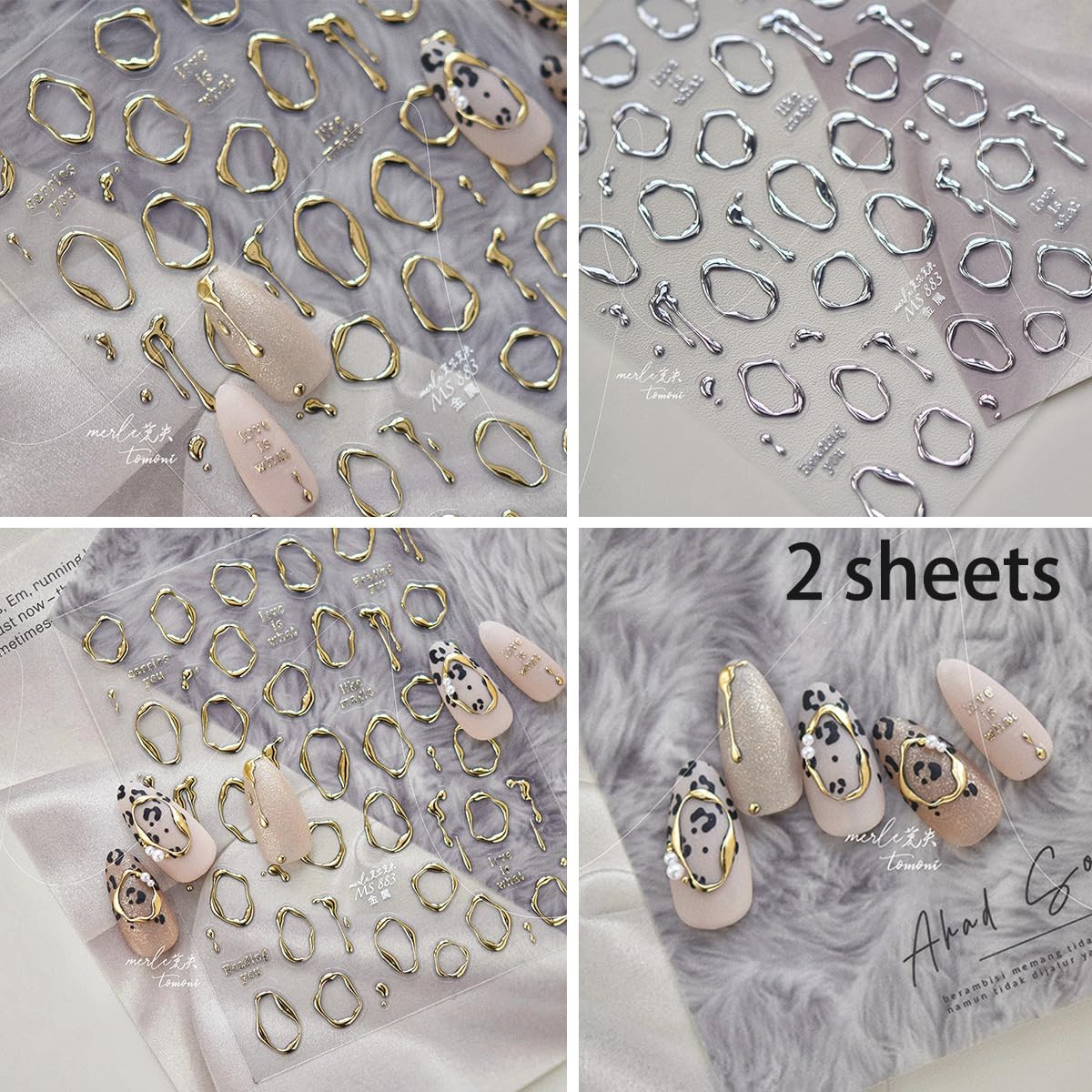 2Pcs Metal Nail Art Stickers 5D Embossed Gold Silver Irregular Geometric Lines F