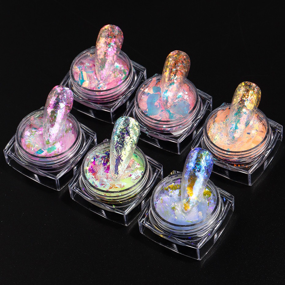 6pcs Aurora Opal Nail Glitter Flakes Iridescent Nail Pigment Crystal Mermaid Spa