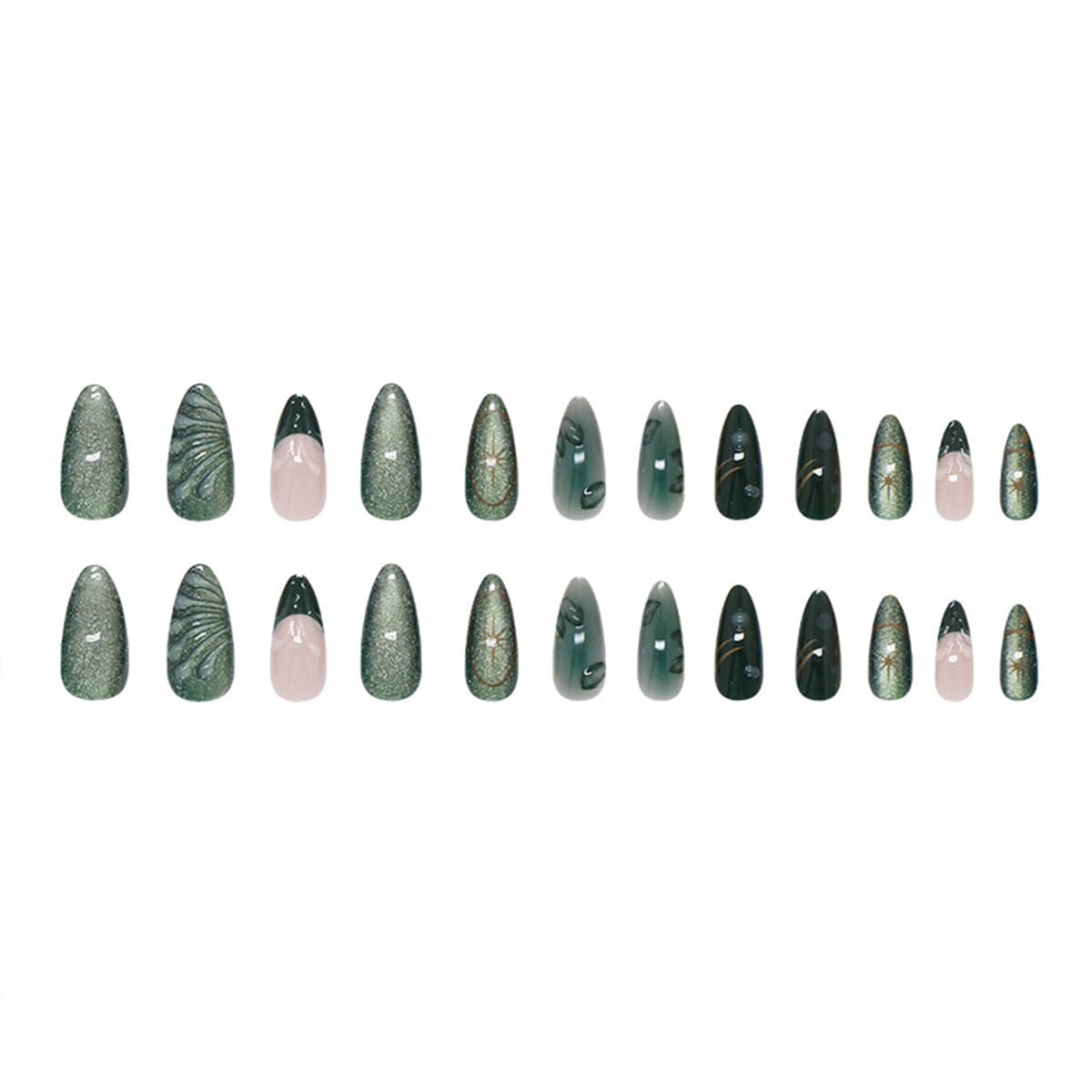 24Pcs Glitter Green Press on Nails Medium Almond Fake Nails with 3D Green Leaves