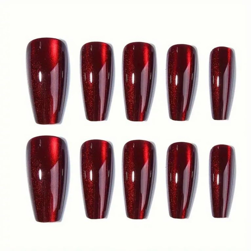 Red Press on Nails Medium Coffin Fake Nails Wine Red Cat Eye Fake Nails Christma