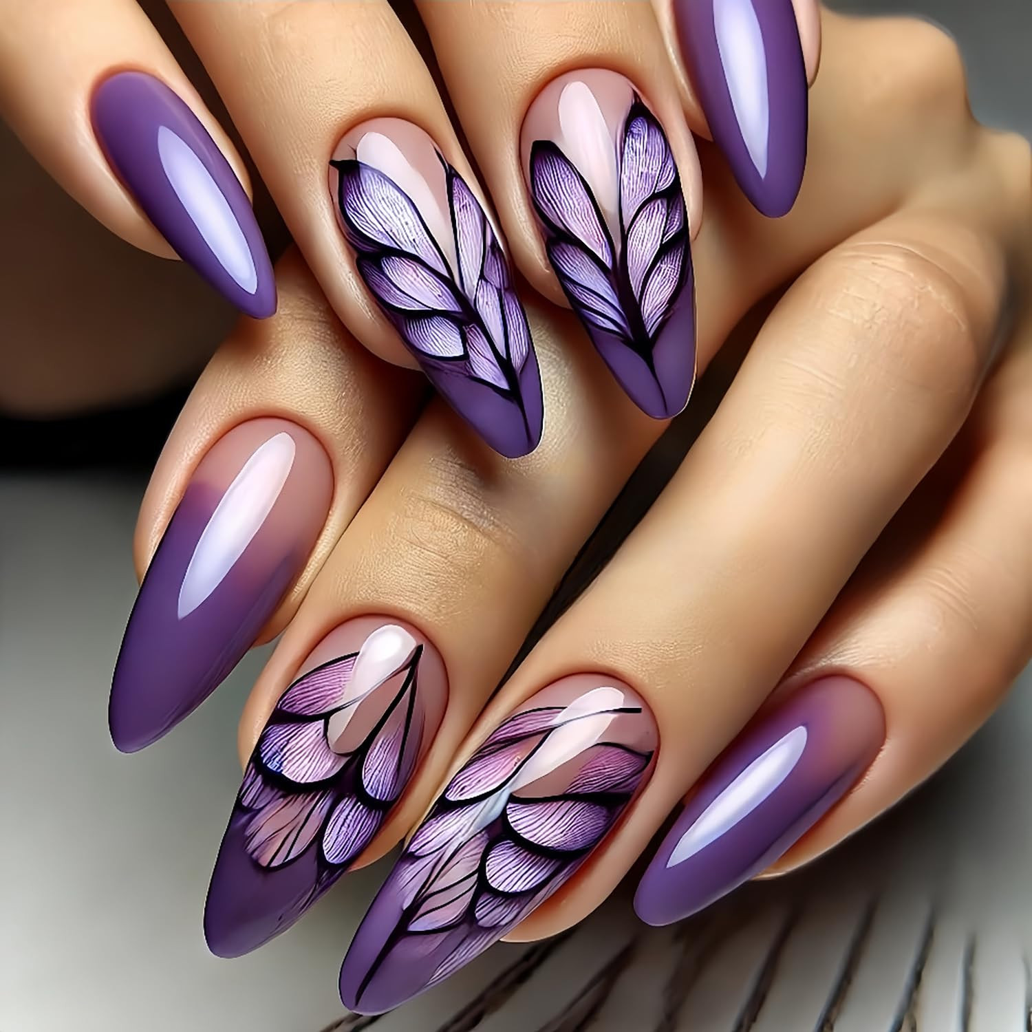 Dark Purple Gradient Press on Nails Medium Almond Shaped Purple Feather Pattern
