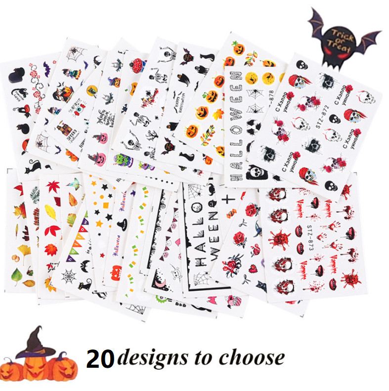 Nail Art Stickers Water Decal Transfer Halloween Cat Cobweb Pumpkin Skull NH15