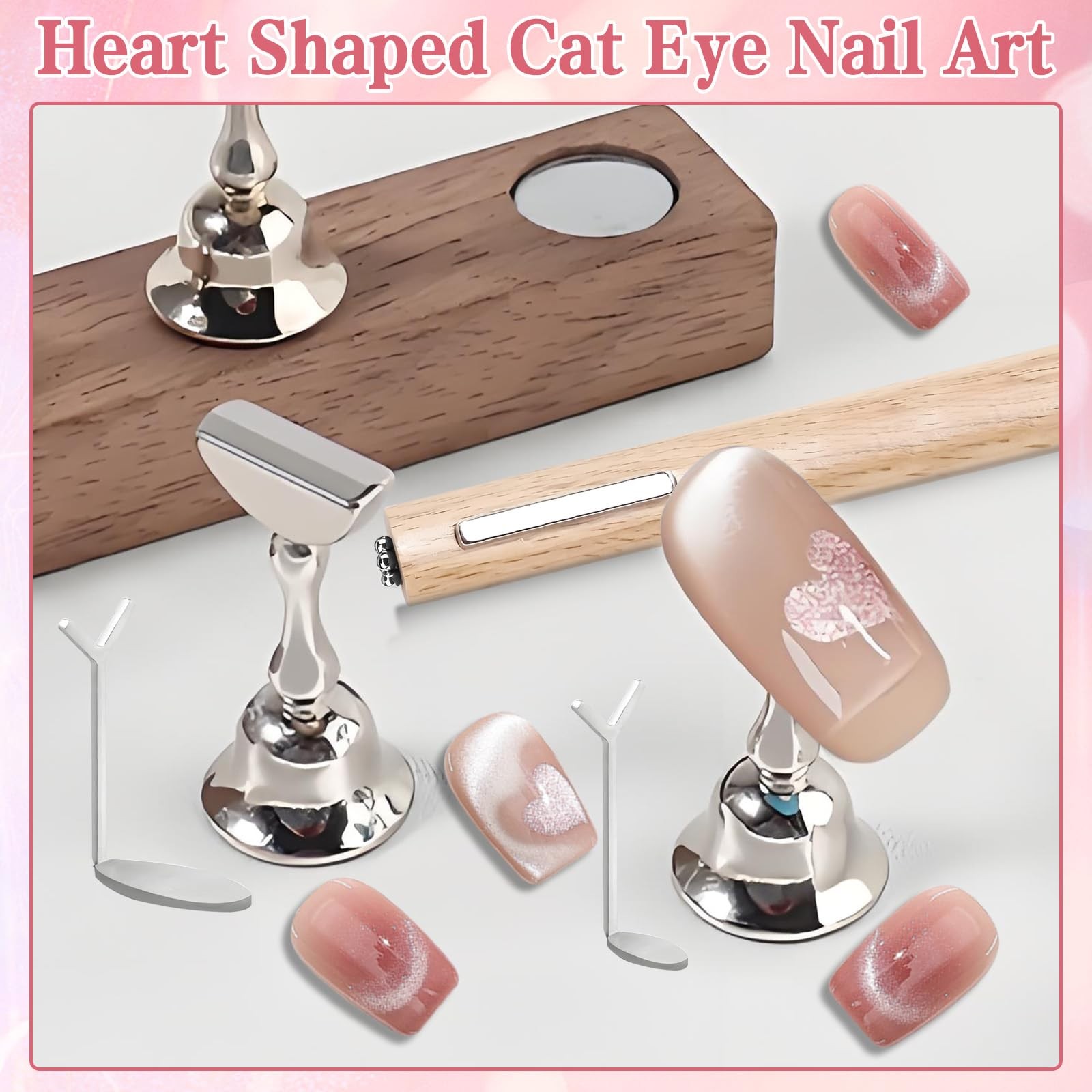 8Pcs 3 in 1 Cat Eye Nail Magnet Tool Set, Wooden Handle Heart Wood color