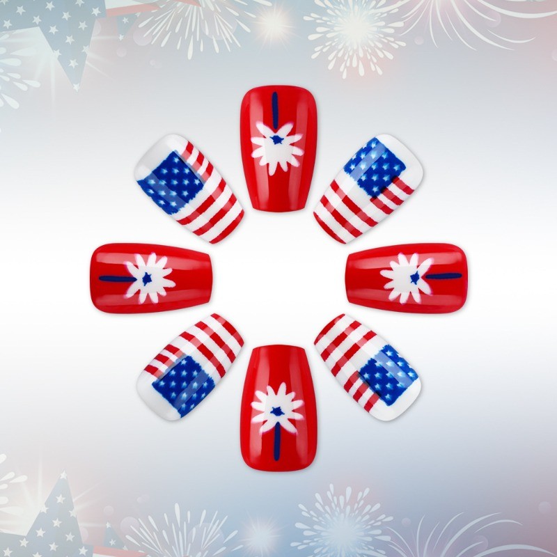 48pcs-4th of July Nails, Press on Square with Red, White & Blue Firework Art