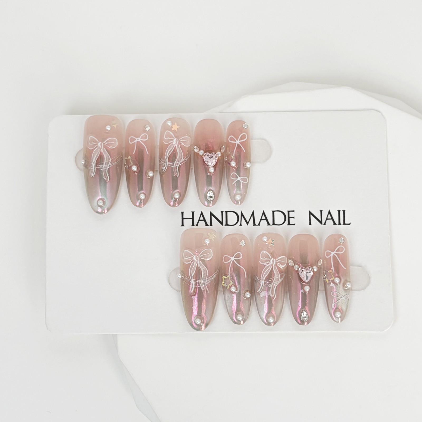 Pink Aurora Bow Press On Nails Almond Pearl Rhinestone Reusable Glue On Set