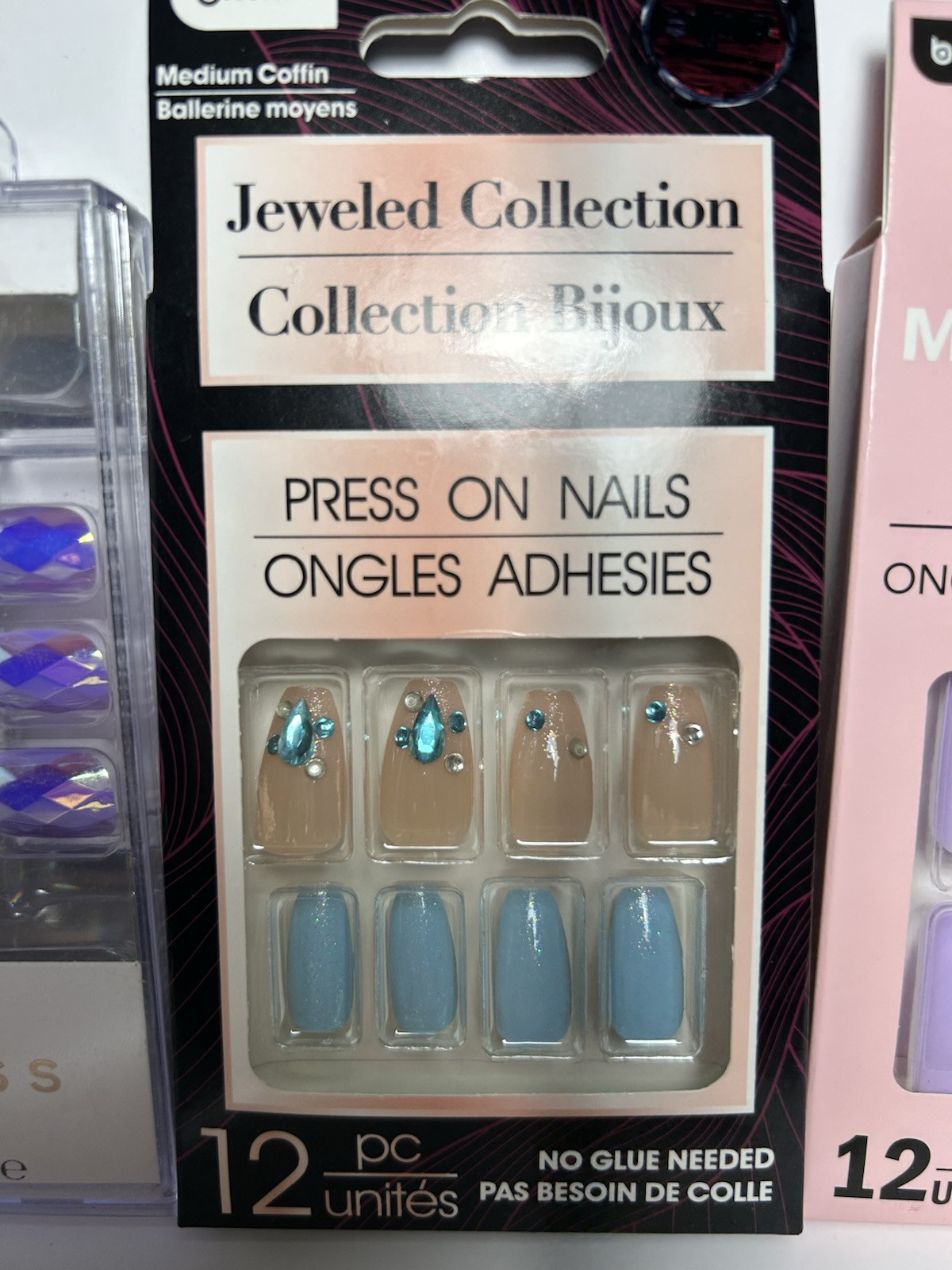 3 X Faux Nails (1 w/ Glue ) Purple,Blue, Matte, Sparkly, Metallic~LOT OF 3~NIB!