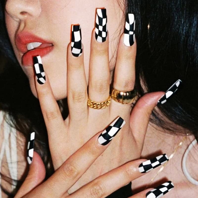 24Pcs Coffin Press on Nails Long White Fake Nails with Nail Glue Glossy Black