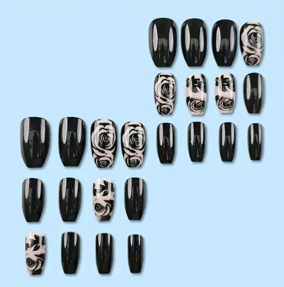 Rose Black Press-Glue On Fingernails Medium Reusable NEW