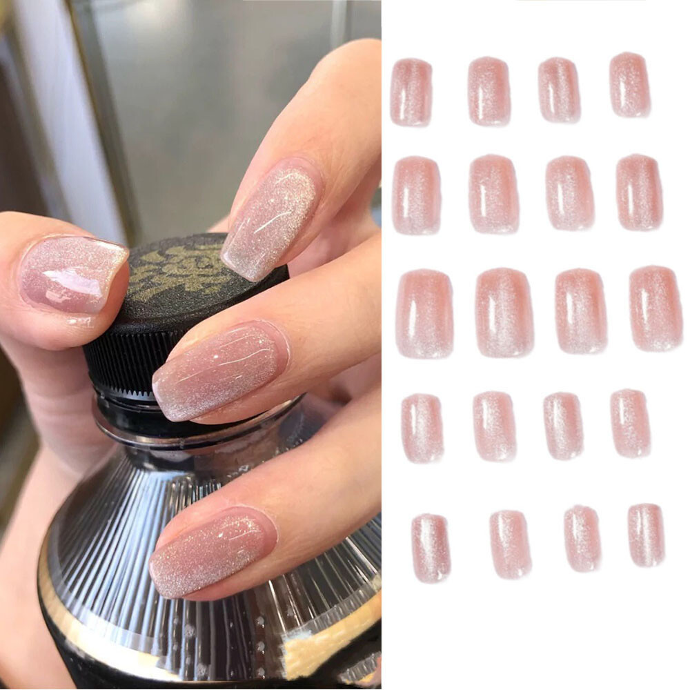 Diamond Cat Eye False Nails Medium Square Press on Nails for Nail Art 24pcs