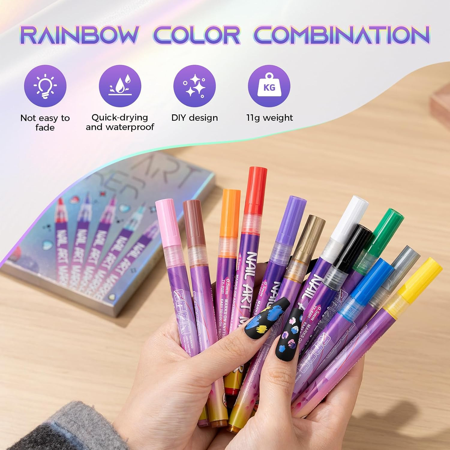 Nail Art Pens, 12 Colors 0.5Mm Fine Tip Water-Based Quick-Dry Pens for DIY Nail