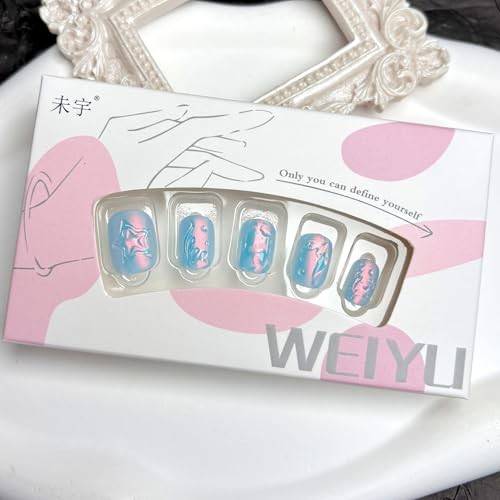 Summer Press on Nails – Short Square Fake Nails – Blue Chrome – Style 13