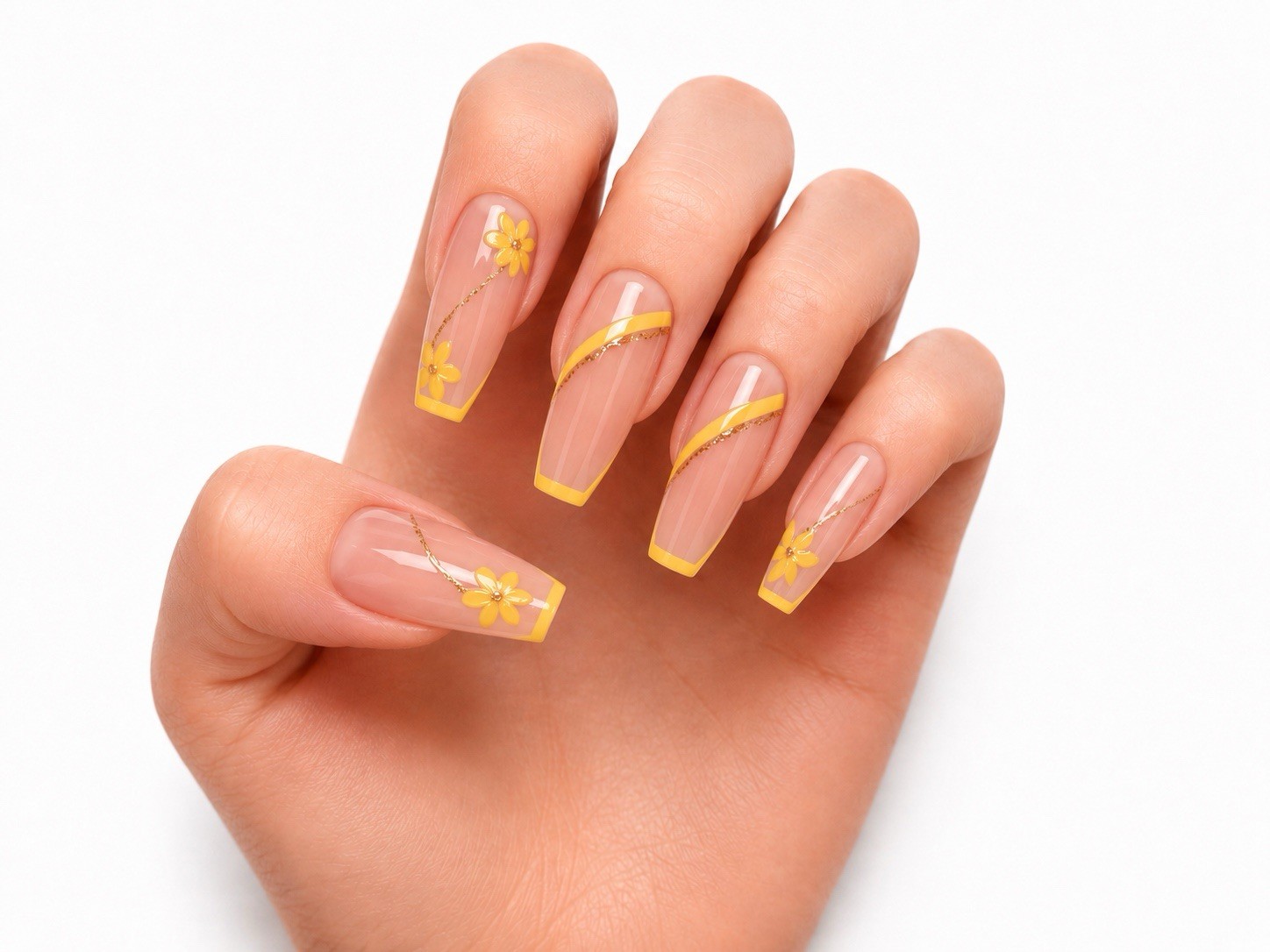 SET OF 2 Yellow Floral French Tip Press On Nails | Nude Pink Coffin Nails