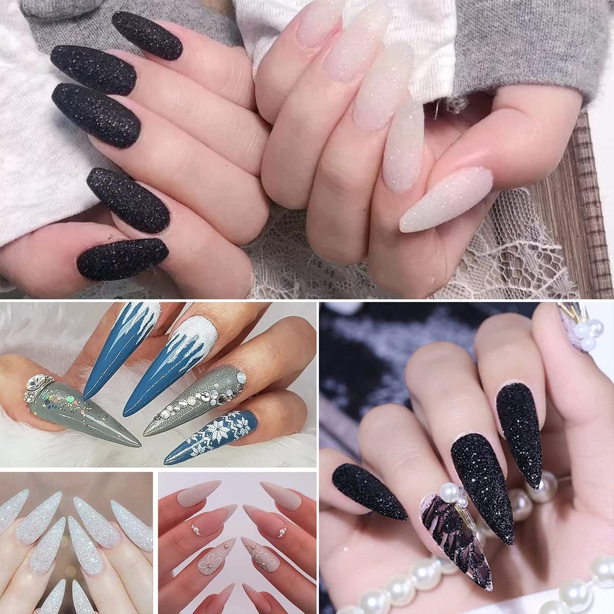 6 Jars Nail Glitter Powder Black White Sliver Dust Sugar Powder, Superfine Fr…