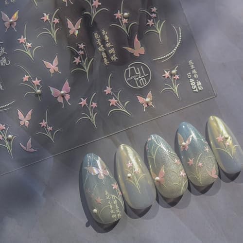 Pink Butterfly Nail Decals Stickers with 3D Pearl Design Spring Nail stickers10