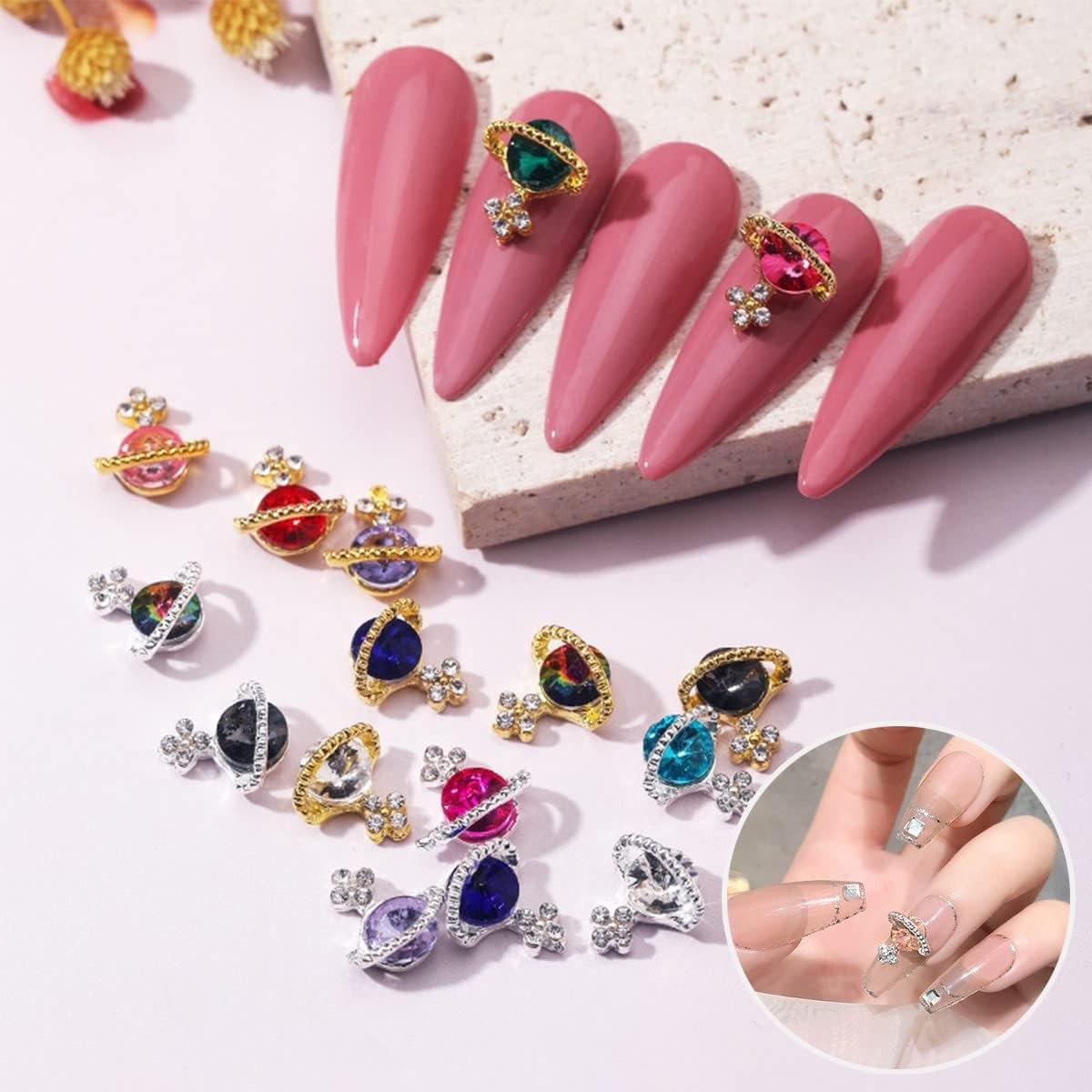 Planet Nail Charms, 54 Pcs 3D Nail Rhinestones Shiny Silver Saturn Shape, Nail A