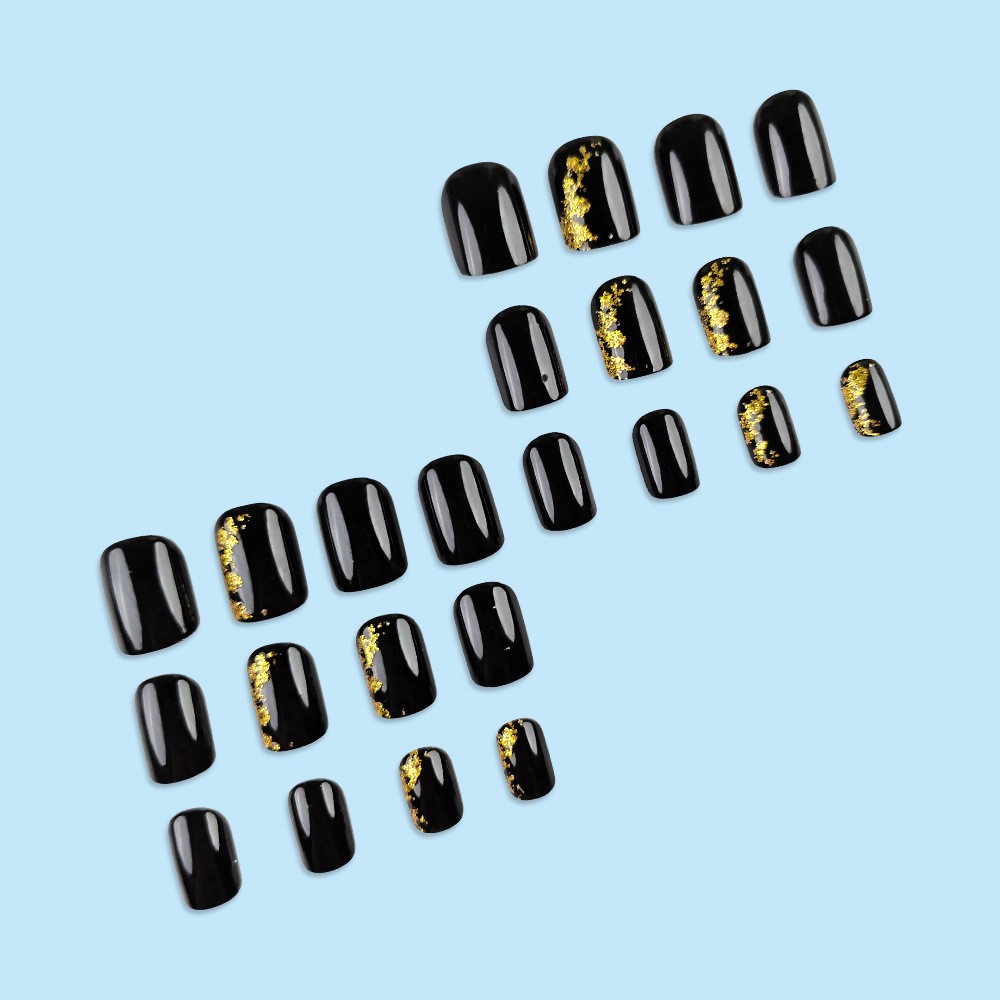 24 Pieces Of Short Square Acrylic Nail Stickers – Black False Nails With Gold Fo