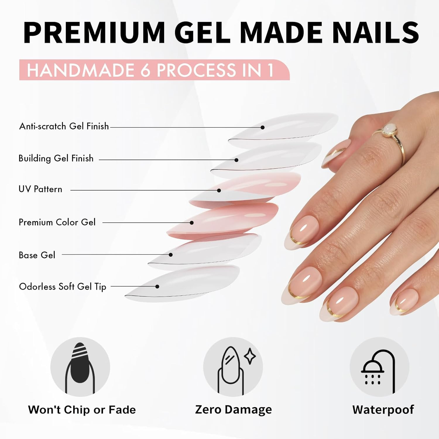 White French Tip Press on Nails with Gold Line Design – Soft Gel Valentines Almo