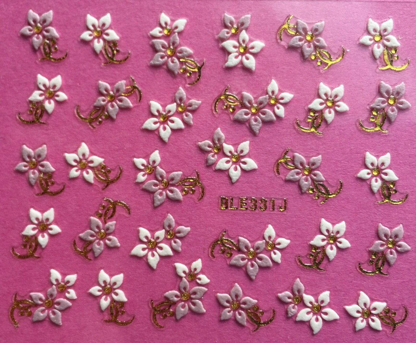 Nail Art 3D Decal Stickers White Pink flower Gold Accents BLE331J