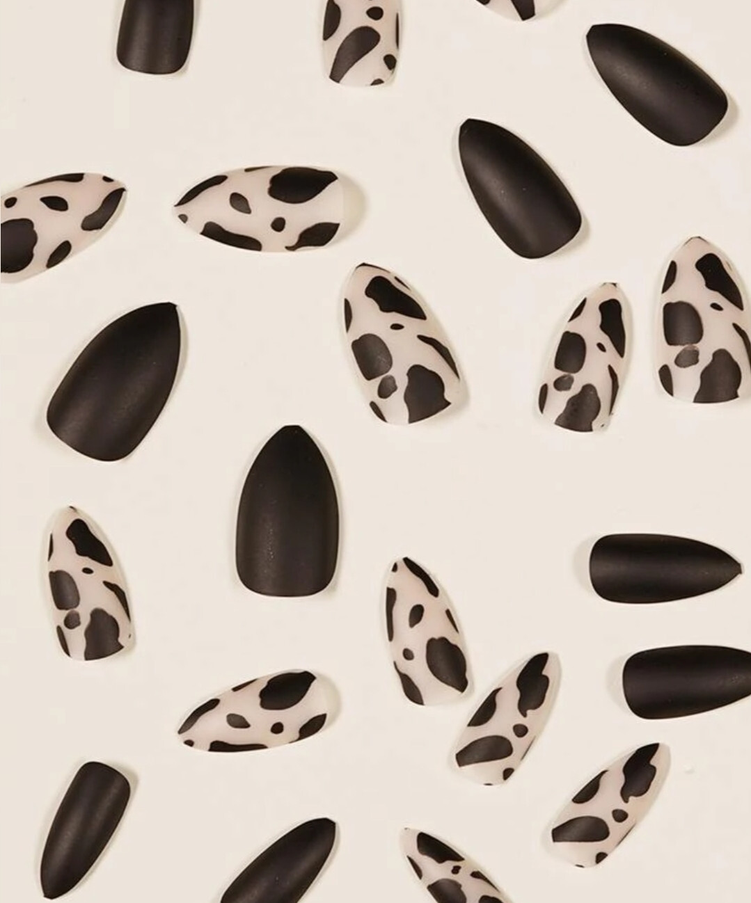 24 Press on nails kit w glue Matte black cow print mid frosted clear