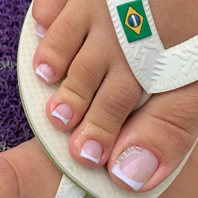 24pcs Sweet Pink Glitter Toenails French White Edge Detachable