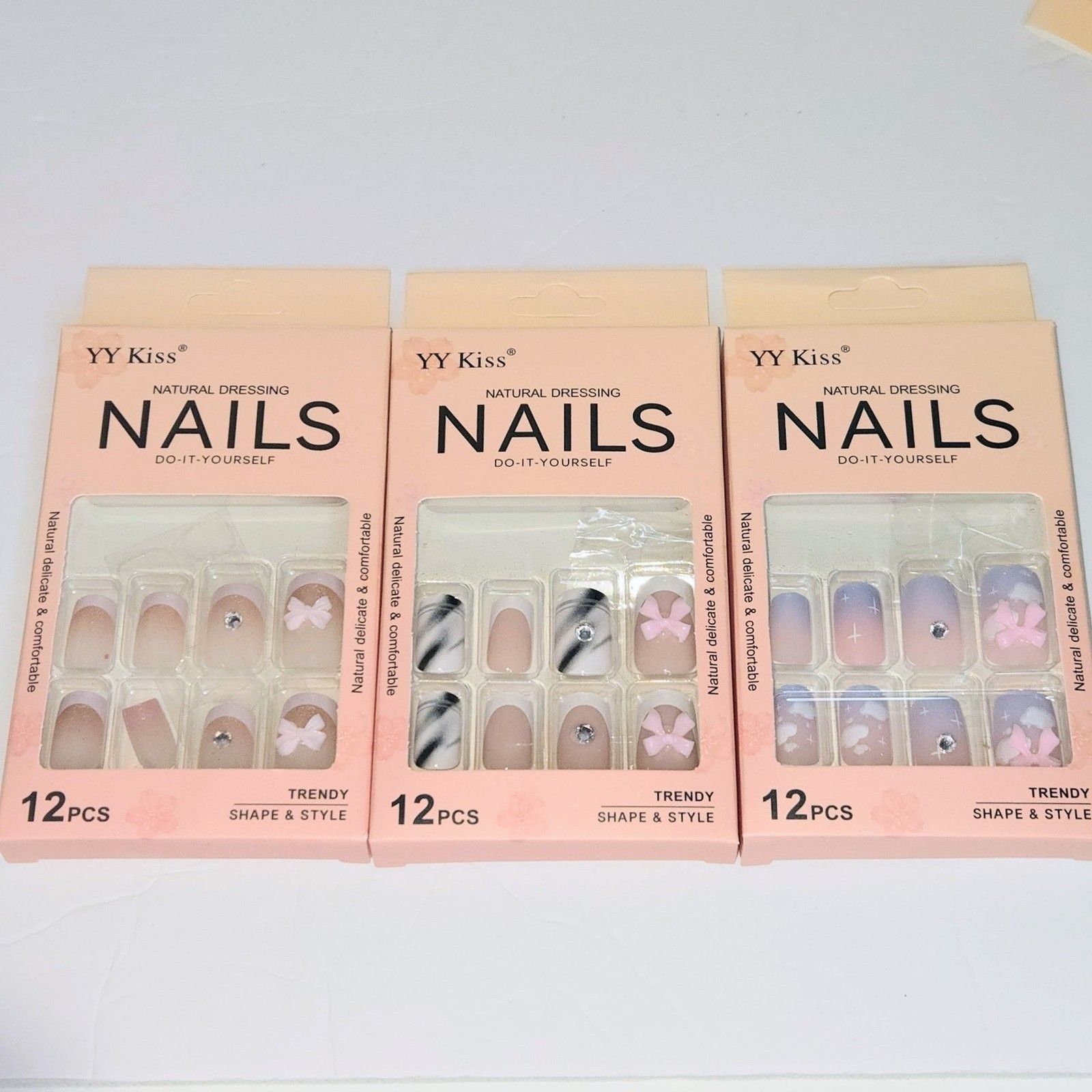 PRESS-ON NAILS Pack of 3 Set with 12 Pieces Each YY Kiss Natural Dress NEW NIB