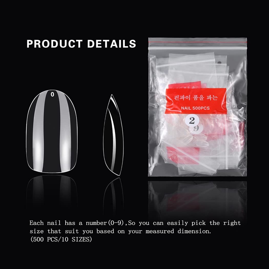 Sethexy Short Oval False Nails 500Pcs 10Sizes 500 Piece Assortment, Clear