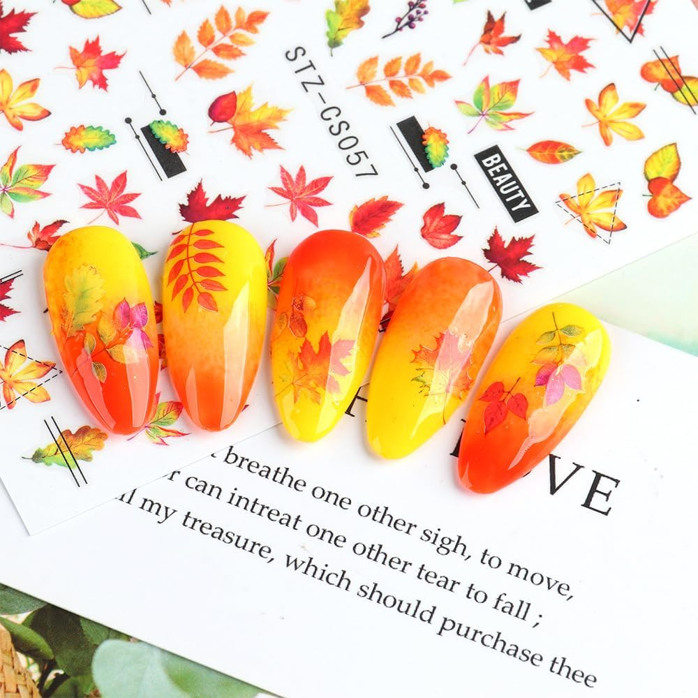 Maple Leaf Nail Art Stickers – Fall Nail Decals, Geometric Line Designs, Autumn