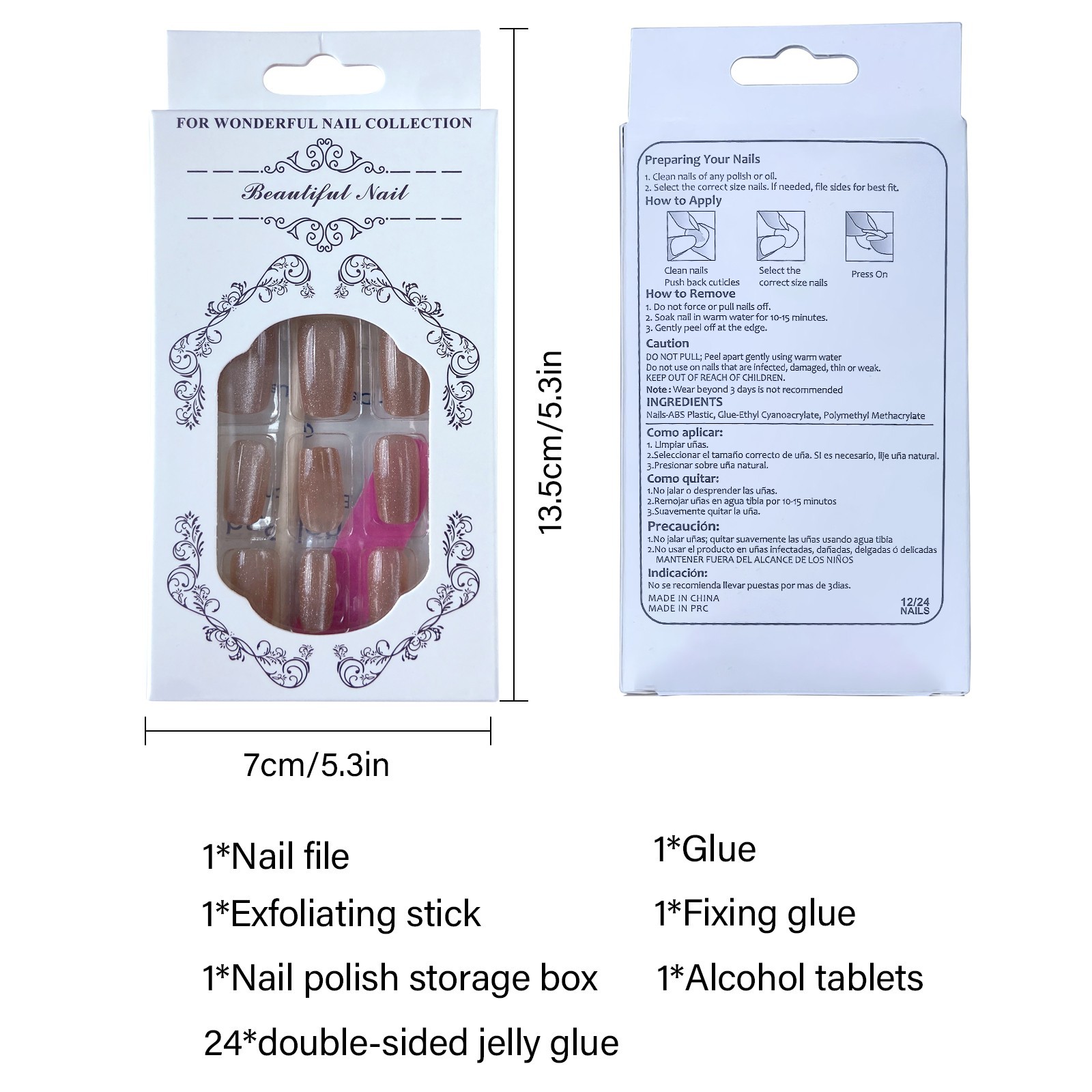 Glitter Nude Short Square Press-On Nails, 24Pcs Fake Nails with Full Prep Kit