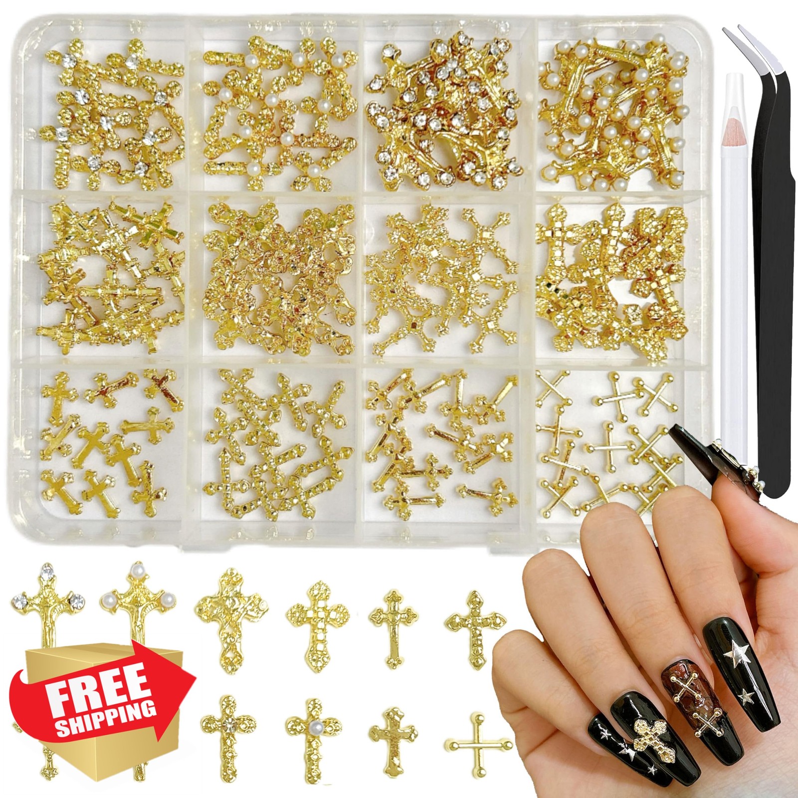 LERBOU 120pc Cross Nail Charms Gold Color 02