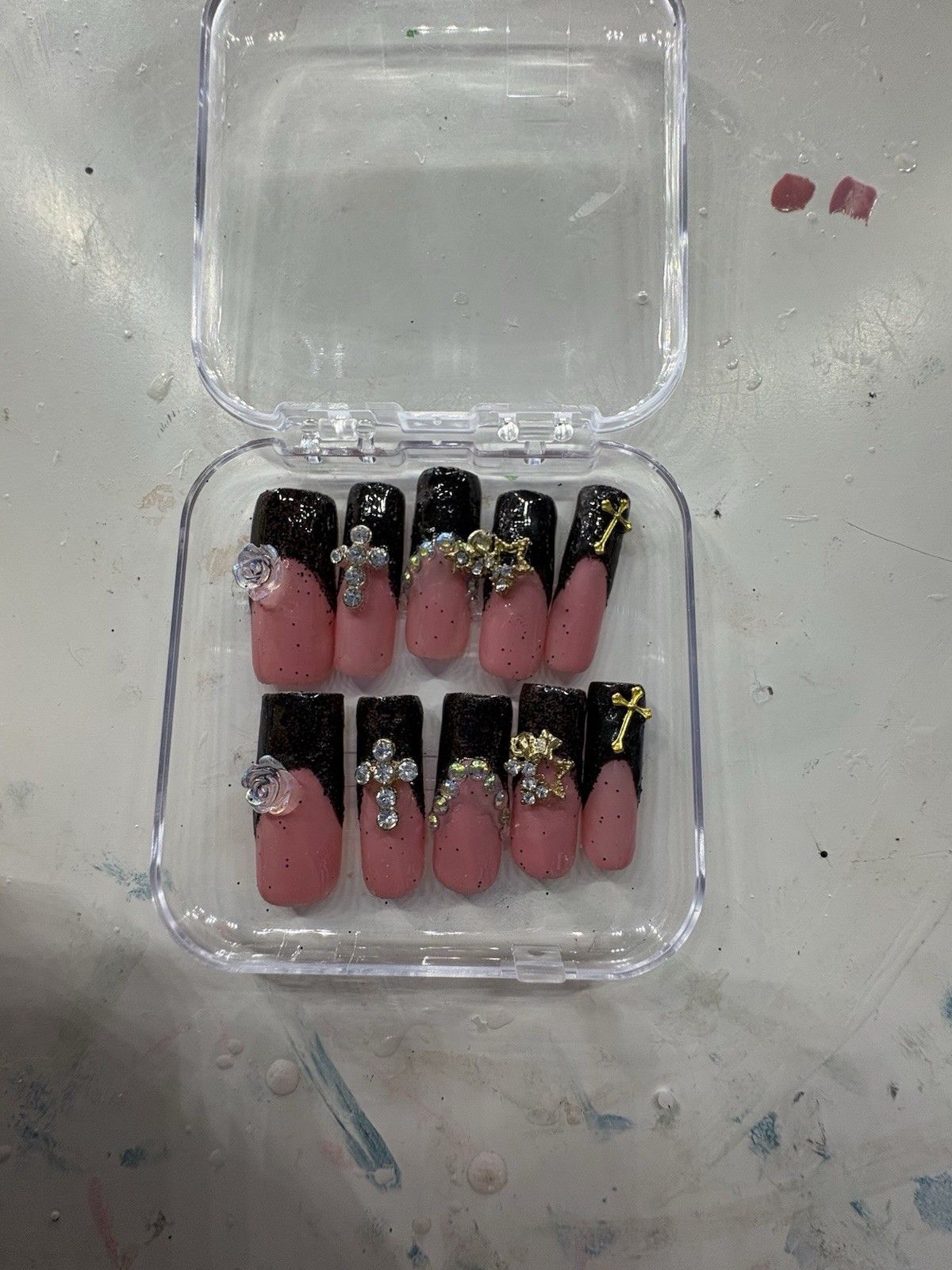 Long Coffin Press-On Nails Black Glitter Cross/star/rose/bedazzle