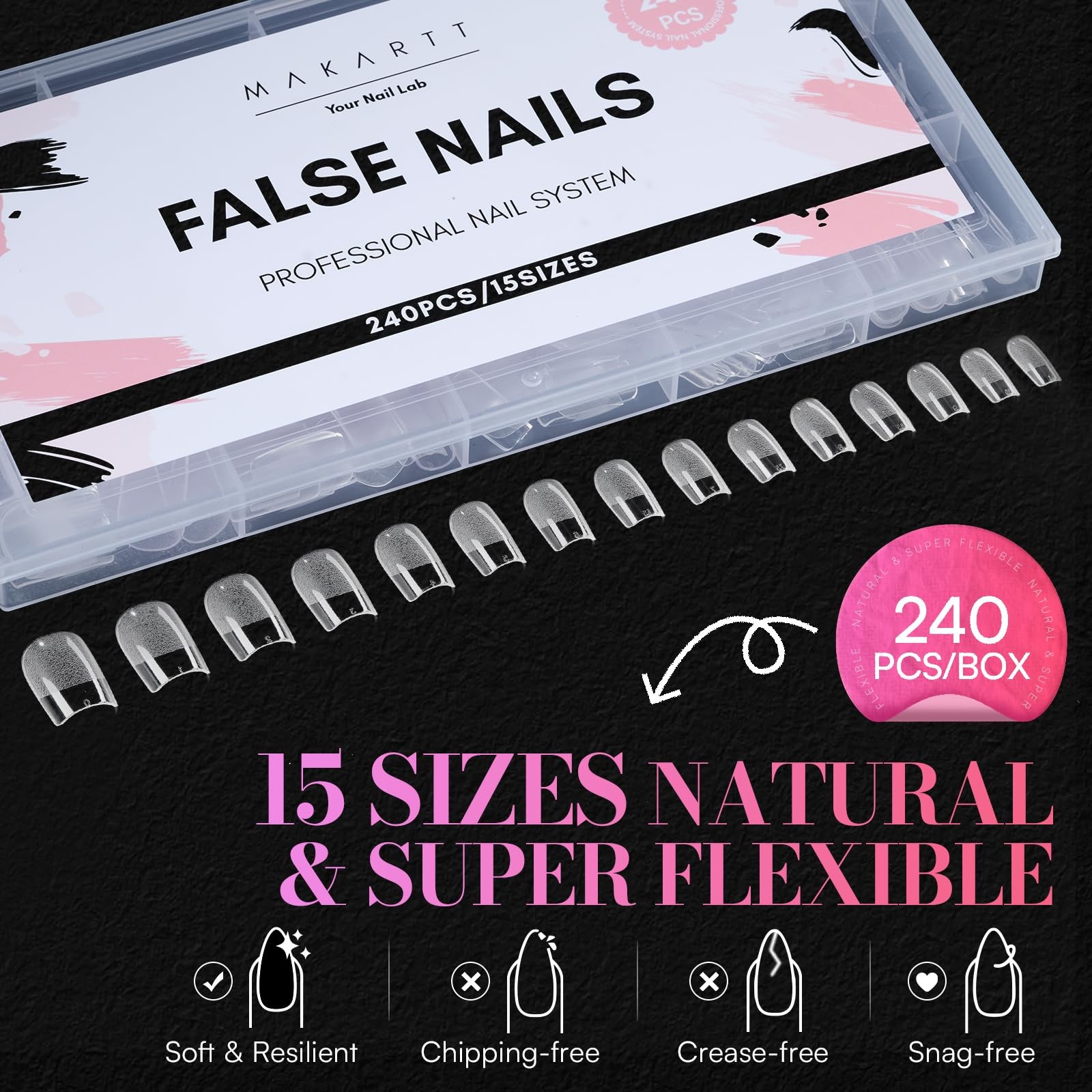 Makartt Short Square Nail Tips: 240PCS, 15 Sizes, Pre Shaped Short, Clear