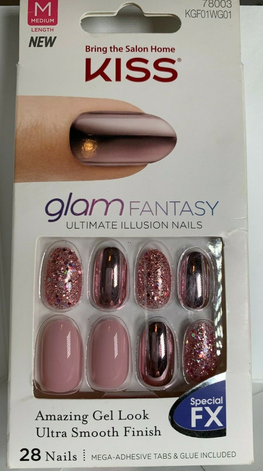 Kiss Nails Glam Fantasy Glue or Press on Manicure Pink Mirror & glitter accent