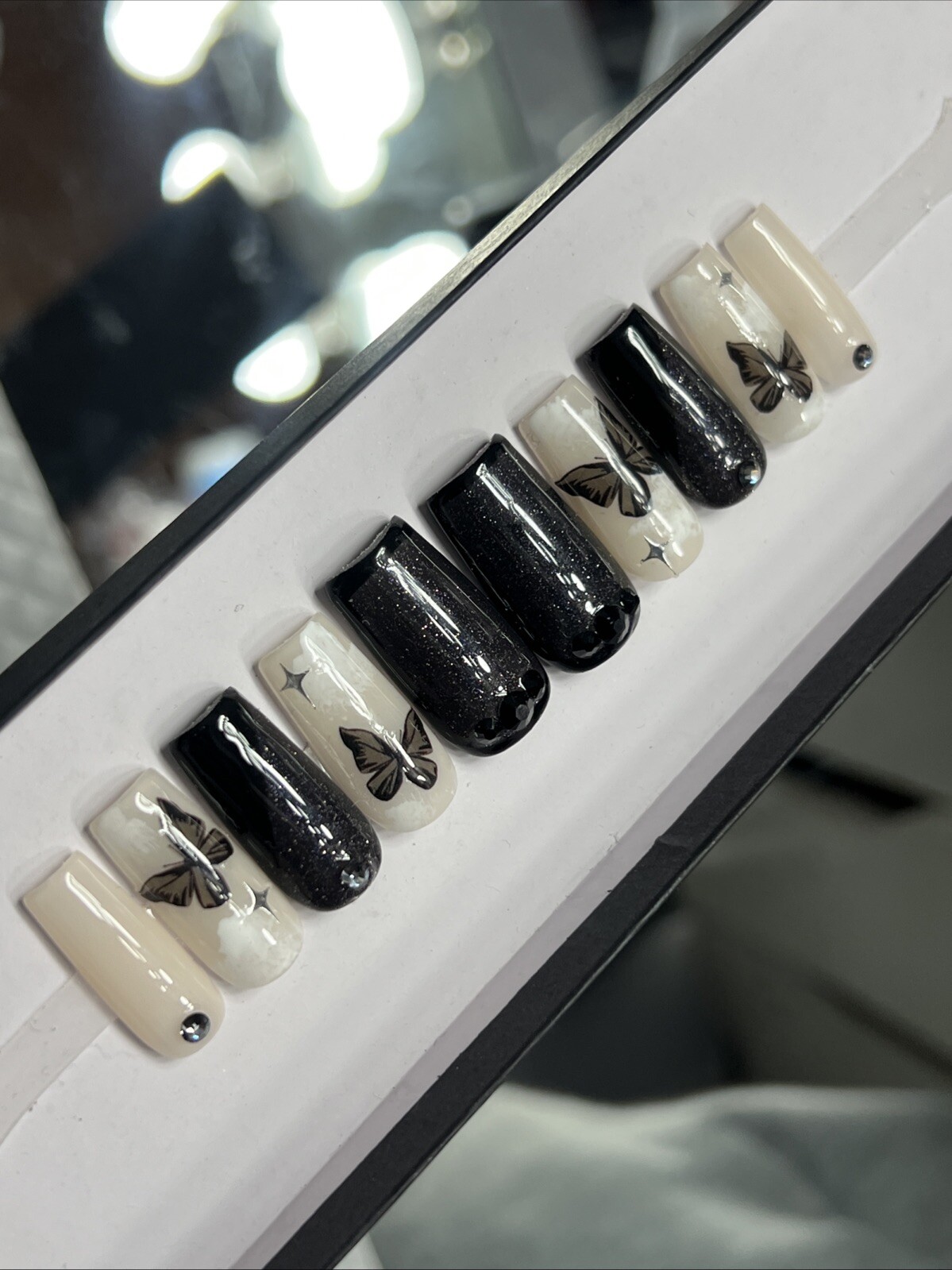 🤍 CUSTOM Hard Gel Press On Nails Black Nude Butterfly Bling 10p FULL SET SQUARE