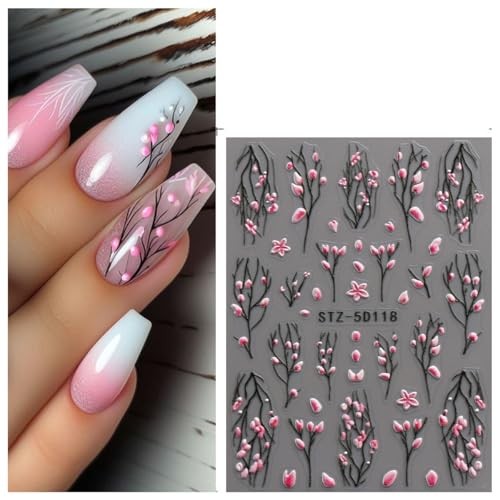 3D Embossed Flower Nail Art Stickers Decals Self-Adhesive 5D Spring Summer