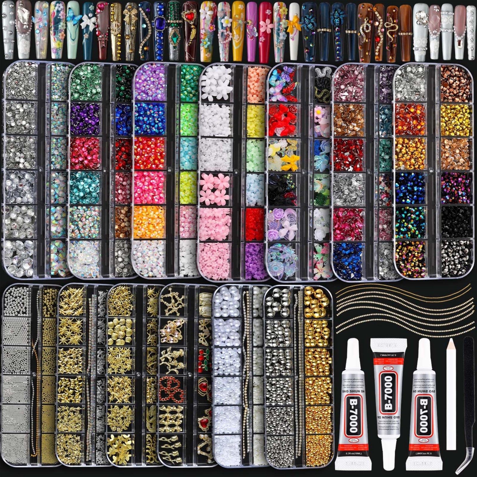 Nail Charms Rhinestones Kit – 18000Pcs 3D Gold Silver Gems, Cross Crown Pearls f